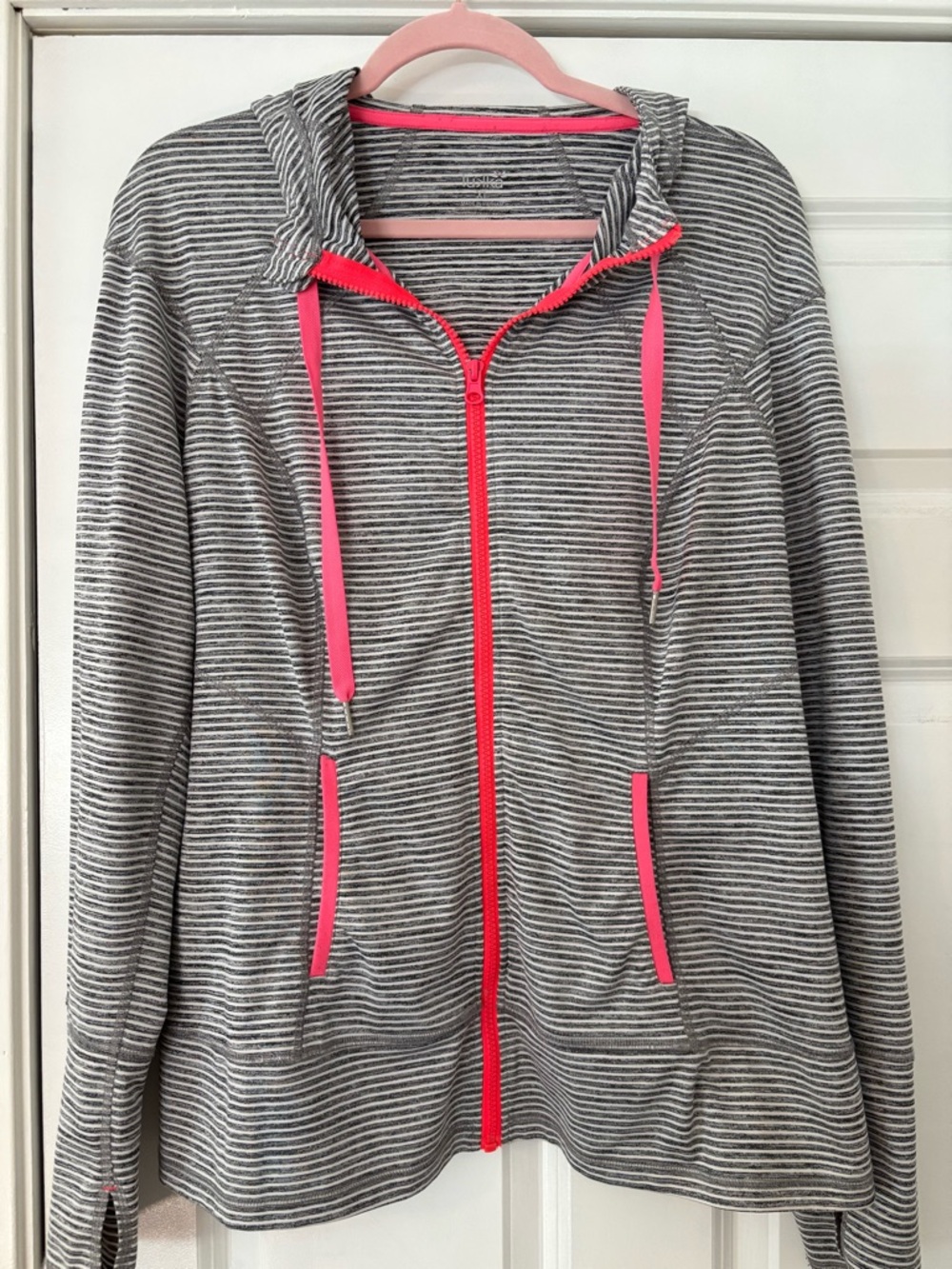 lukka Gray Striped Hooded Zip Jacket with Pink Accents